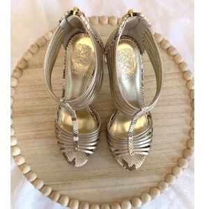 Vince Camuto Champagne Metallic Open Toe Stiletto 7B Embossed Leather 4" Heels